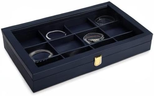 Oirlv 12 Gird Jewelry Tray with Acrylic Lid Premium Blue Leather Jewelry Organizer Box Transparent Lid Bracelet Bangle Small Watch Storage Case for Women Gift
