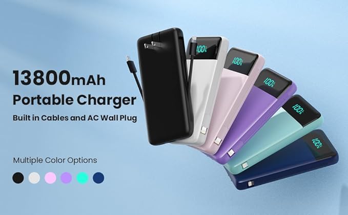 Portable Charger for iPhone with Built-in Cables and Wall Plug,Upgraded 13800mAh Fast Charging USB C Power Bank,4 Outputs Slim Travel Essential Battery Pack for iPhone 17/16/15/14/13,Galaxy,Android