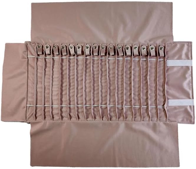 Portable Jewelry Roll Untangled Secure Necklace Travel Storage Bag Displays Holder 16 Chain (gray PU and pink)