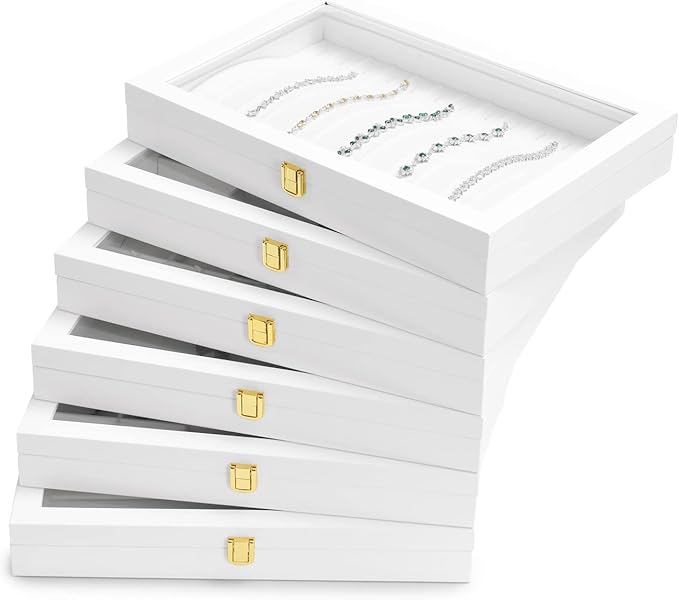 Oirlv White Leather Jewelry Organizer Tray with Acrylic Lid Drawer Insert Jewelry Storage Box with 24 Removable Jewelry Cards Pendant Necklace Display Case Women Gift