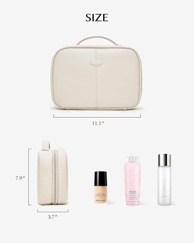 EACHY Toiletry Bag with Hanging Hook, Travel Makeup Bag PU Leather Cosmetic Bags for Women Make Up Organizer with 4 Compartments Waterproof Full-Size Portable Travel Essentials (White,Pro)