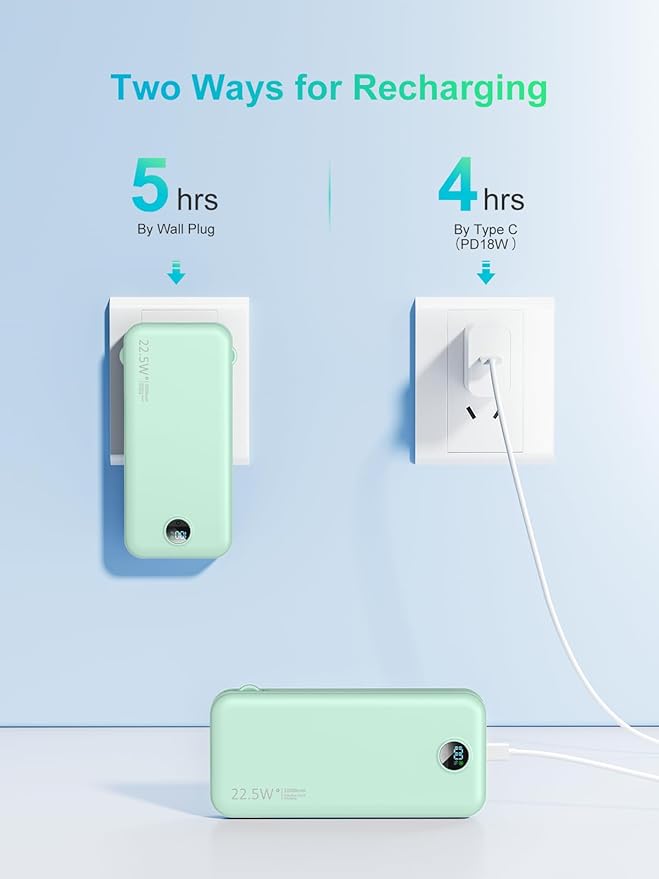 Portable Power Bank, 12000mAh 22.5W Phone Charger with Built-in Cables and Wall Plug, USB C Fast Charging Battery Bank with Smart LED Display, External Battery Pack for iPhone, iPad, Samsung etc Green