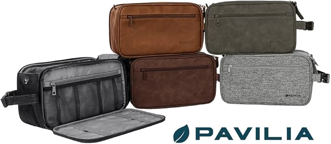 PAVILIA Toiletry Bag for Men, Travel Essentials Shaving Dopp Kit, Mens Travel Bag Toiletries Organizer Case for Grooming, PU Leather Water Resistant Cosmetic Bag Pouch (XL, Heather Grey)