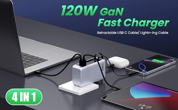 120W USB C Charger Block with 2 Built-in Retractable Cables,4-in-1 GaN IV Foldable Plug Wall Charger Fast Charging Station,PD 65W Laptop Adapter for MacBook/iPad,iPhone 17/16/15/14,Galaxy,Android etc