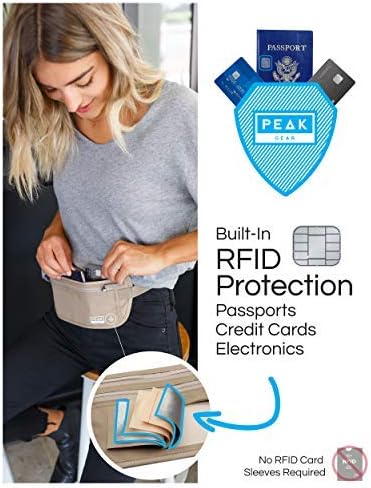 Peak Gear Travel Money Belt. Premium Quality Travel Wallet with RFID Blocking Fabric to Protect Credit Cards, Passports and Documents. Exclusive Theft Protection and 2 Recovery Tags | Beige