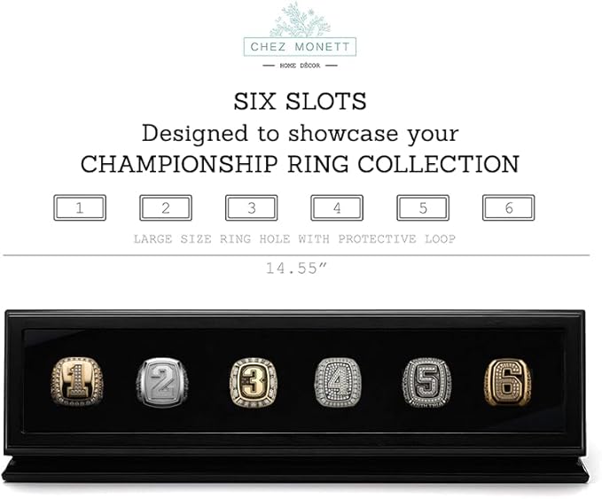 CHEZ MONETT 6-Slot Championship Ring Display Case – Sports Ring Holder Box (Matt Black, 6)
