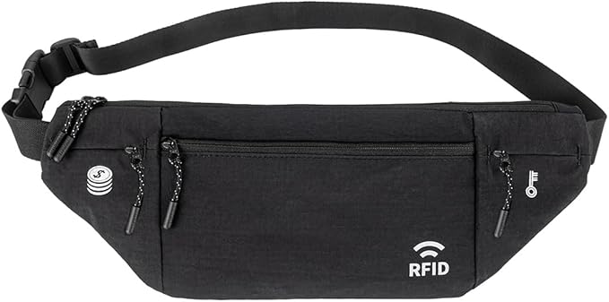 Travel Money Belt for Men and Women hidden slim passport holder - travel wallet with RFID blocking under clothes to protect Cash, Credit Cards and Documents (BLACK)