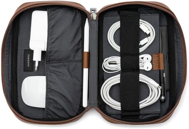 Nordweg Leather Tech Organizer NWA05 – Handcrafted Full-Grain Travel Case for Cables, Chargers & Accessories – Premium Leather Pouch for Work, Travel – Ideal Gift for Men & Women - Caramel
