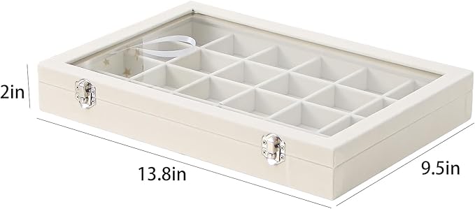 Coward Jewelry Organizer Box, Beige Velvet 24 Grids Ring Earring Jewelry Display Tray Case with Transparent Glass Lid for Home Drawer or Shop Selling