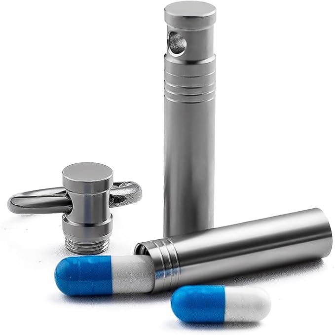 TISUR Small Keychain Pill Holder ,Titanium Metal Travel Pill Case Portable Pill Organizer Container for Purse Waterproof Keychain Pill Holder Medicine Bottle