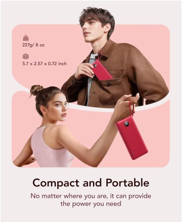 VRURC Portable Charger, 10000mAh Power Bank Built in Cables for iPhone, Slim Compact Travel Essential, 5 Outputs 2 Inputs USB C Battery Pack for iPhone 17 16 15 14 13, Samsung, Android etc-Magenta