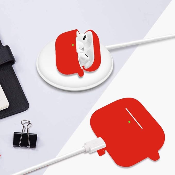 Protective Case Cover for Airpods Pro Charging Case with Ear Tips 1 Pair Kit, Air Pods Silicone Case with Soft Cute Ball Pom Pom Keychain Kit Together with Ear Buds Tips 2&1 (X, Red)