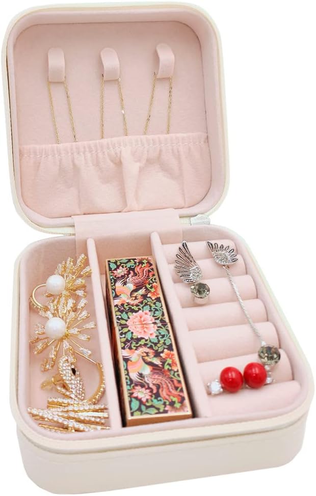 Mini Jewelry Case, Small Travel Jewelry Organizer, Portable Jewelry Box Storage Display Box For Rings, Earrings, Necklaces (White-4)