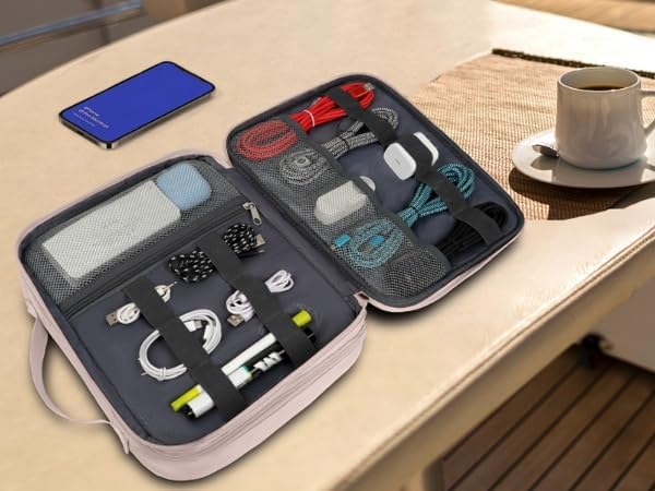 MATEIN Travel Cord Organizer for Women, Large Tech Storage Bag Water Resistant Electronic Accessories Case with Handle for Cord, Cables, Cellphone, Tablet (Up to 12.9inch), Powerbank, Soft Pink