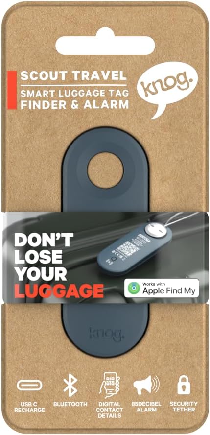 Knog Scout iOS Smart Tag, Tracker & 85d Alarm – Rechargeable Luggage Tag Compatible with iOS App & Apple Find My, Digital Contact Info, Remote Chime, Low Battery Alerts, Water-Resistant, Blue