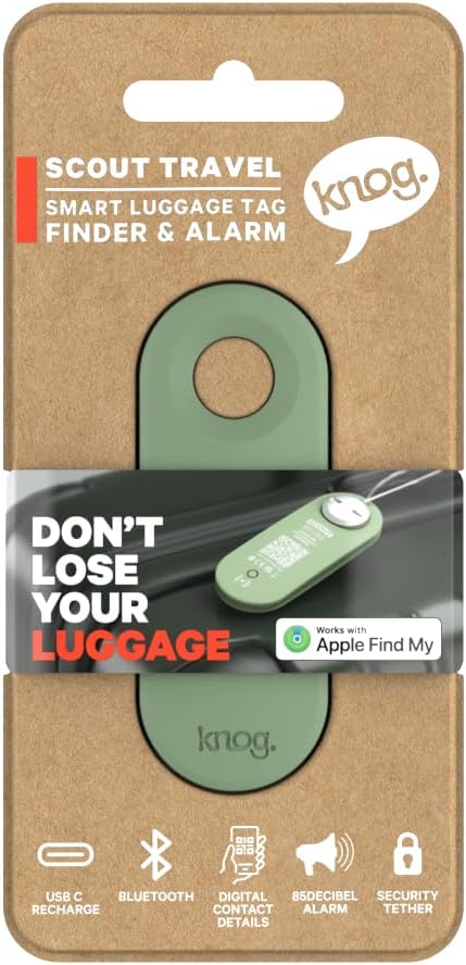 Knog Scout iOS Smart Tag, Tracker & 85d Alarm – Rechargeable Luggage Tag Compatible with iOS App & Apple Find My, Digital Contact Info, Remote Chime, Low Battery Alerts, Water-Resistant, Green