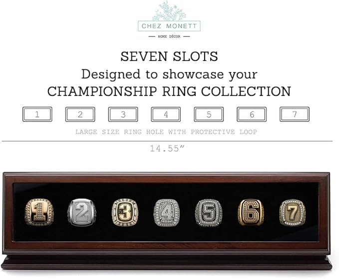 CHEZ MONETT Championship Ring Display Case Big Ring Storage Box (Espresso, 7 Slots)