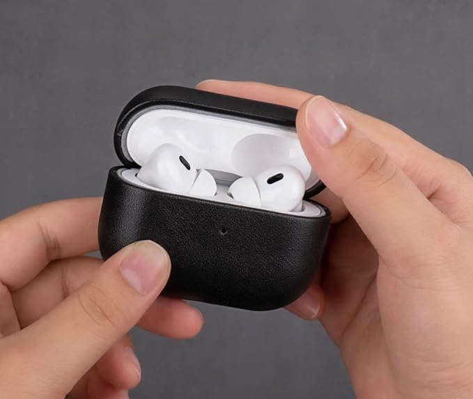 Case Compatible with AirPods Pro (2nd Generation), Lopie Handmade AirPods Pro 2 Leather Case Cover, Protective Hard Case Fully-Wrapped with Top Grain Leather (Not for AirPods Pro 1st Gen) - Black