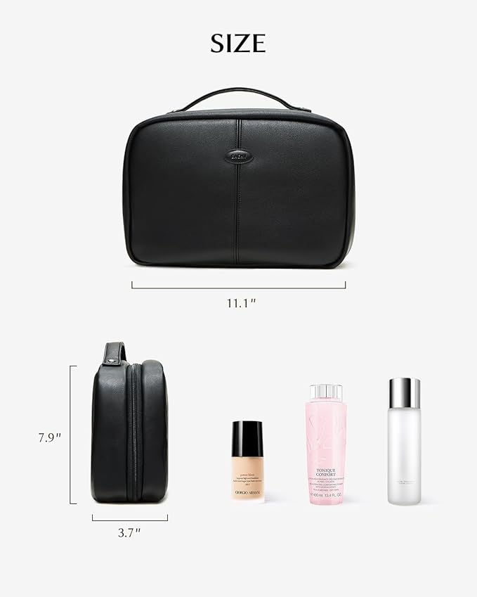 EACHY Toiletry Bag with Hanging Hook, Travel Makeup Bag PU Leather Cosmetic Bags for Women Make Up Organizer with 4 Compartments Waterproof Full-Size Portable Travel Essentials (Black,Pro)