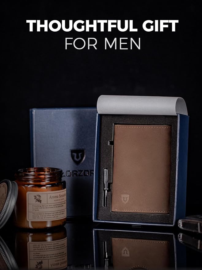 LORZOR Wallet for Men with Metal Card Holder, Pop Up Wallet, Finest Full Grain Leather Trifold Wallet, Smart, Minimalist, RFID Blocking, Front Pocket, ID Window