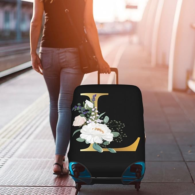 Flower Letter L Black Luggage Cover Elastic Washable Stretch Suitcase Protector Anti-Scratch Travel Suitcase Cover for Kid and Adult S (18-21 inch suitcase)