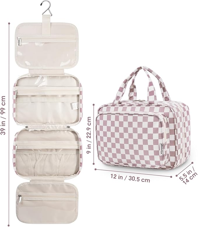 Narwey Travel Toiletry Bag for Women Large Hanging Makeup Bag Organizer Toiletries Bag for Full Size Essentials Accessories Cosmetics (Dusty Pink Checkerboard (Large))