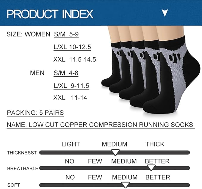 Iseasoo Copper Ankle Compression Socks - Low Cut Arch Support Socks for Men & Women, Running, Nurses, Plantar Fasciitis Socks