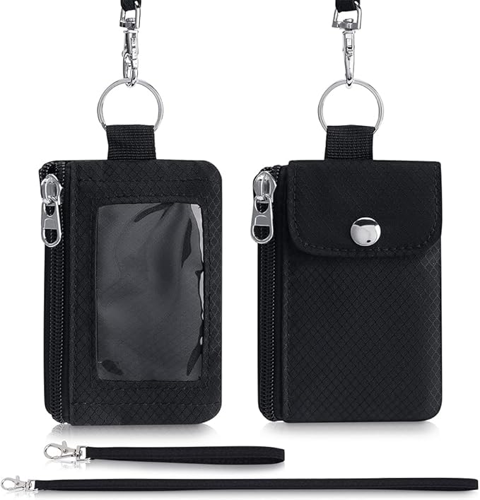 Minimalist Wallet For Mens Womens, Keychain RFID Blocking Zipper Small Wallet with ID Window 2 Lanyards,Water Resistant Travel Cash Card Coin Case Boys Girls