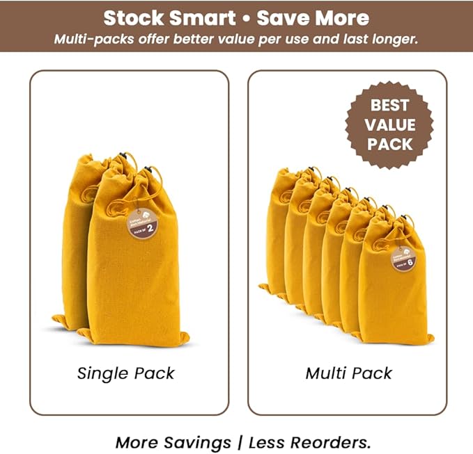 LFH Cotton Rich Shoe Storage Bags with Drawstring, Dustproof Breathable Reusable Organizer, Perfect For Travel, Dorm, Hotel, College, Gym, Easy to Carry, Machine Washable 8"x17" (Pack of 4) - Golden