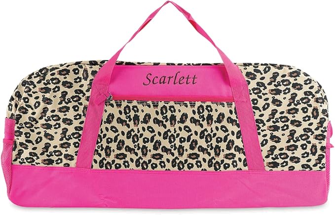 Lillian Vernon Personalized Duffel Bag for Kids, Roomy Pink Leopard Weekender With Front & Side Compartment, Customizable Girls Sports & Travel Bags With Custom Name, 13" x 15" x 30"W
