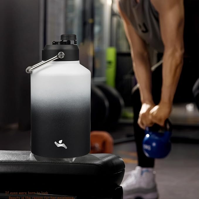 1 Gallon Jug with Handle,128 oz Insulated Water Bottle with Carrying Pouch, Double Wall Vacuum Stainless Steel Metal Bottle,Day Night