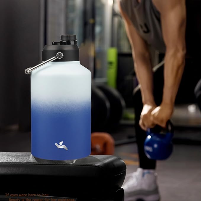 1 Gallon Jug with Handle,128 oz Insulated Water Bottle with Carrying Pouch, Double Wall Vacuum Stainless Steel Metal Bottle,Sky