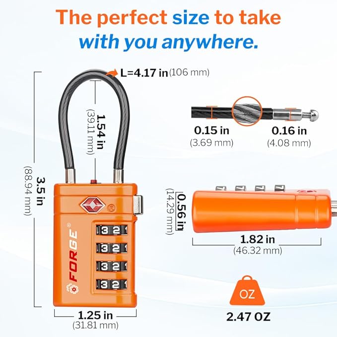 Forge TSA Approved Luggage Locks 4 Digit Combination TSA Travel Locks with TSA008, Open Alert Indicator, Zinc Alloy Body for Luggage, Suitcase, Backpack, and More. Orange 4 Locks.