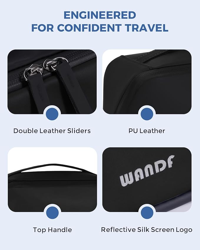 WANDF Toiletry Bag for Men, PU Leather Travel Organizer with Detachable Waterproof Hanging Pouch, Open-Flat Dopp Kit Shaving Bag with Wet Pocket for Travel Toiletries Accessories (Black)