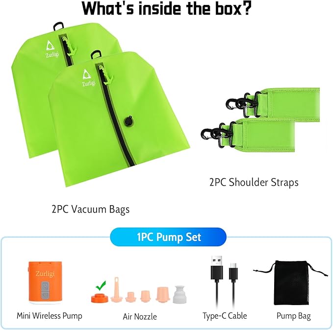 Zurligi Vacuum Bags for Travel with Pump, Vacuum Compression Bag with Adjustable Shoulder Strap, IP67 Reusable Vacuum Packing Cubes for Luggage, Backpack, Suitcase, Yoga, Swim, Beach