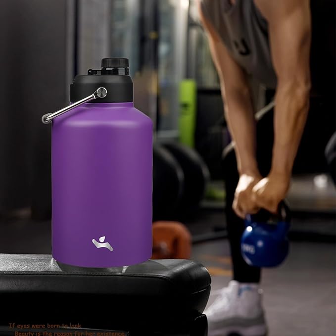 1 Gallon Jug with Handle,128 oz Insulated Water Bottle with Carrying Pouch, Double Wall Vacuum Stainless Steel Metal Bottle,Purple