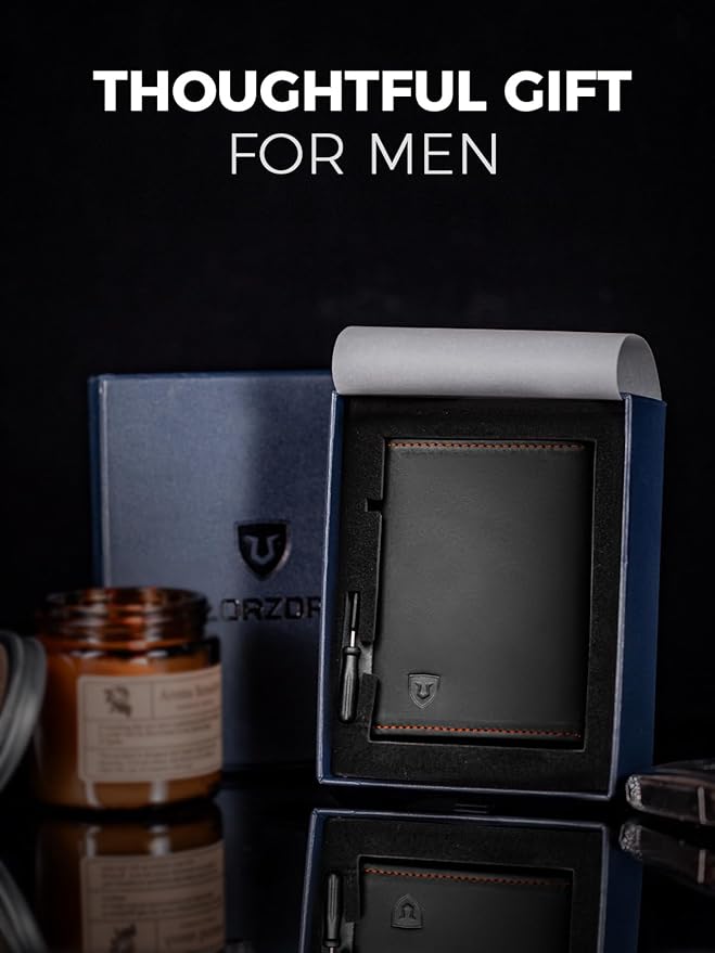 LORZOR Wallet for Men with Metal Card Holder, Pop Up Wallet, Finest Full Grain Leather Trifold Wallet, Smart, Minimalist, RFID Blocking, Front Pocket, ID Window, Black/Orange