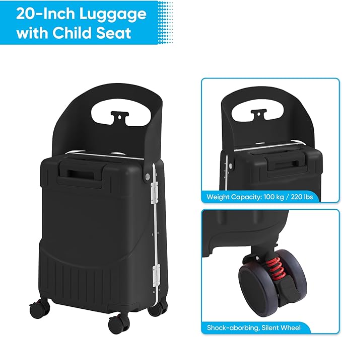 20'' Luggage with Child Seat, Ride On Suitcase with Shockproof Silent Spinner Wheels, TSA Lock, Carry On Luggage with Foldable Backrest, Bag Hook for Kids.