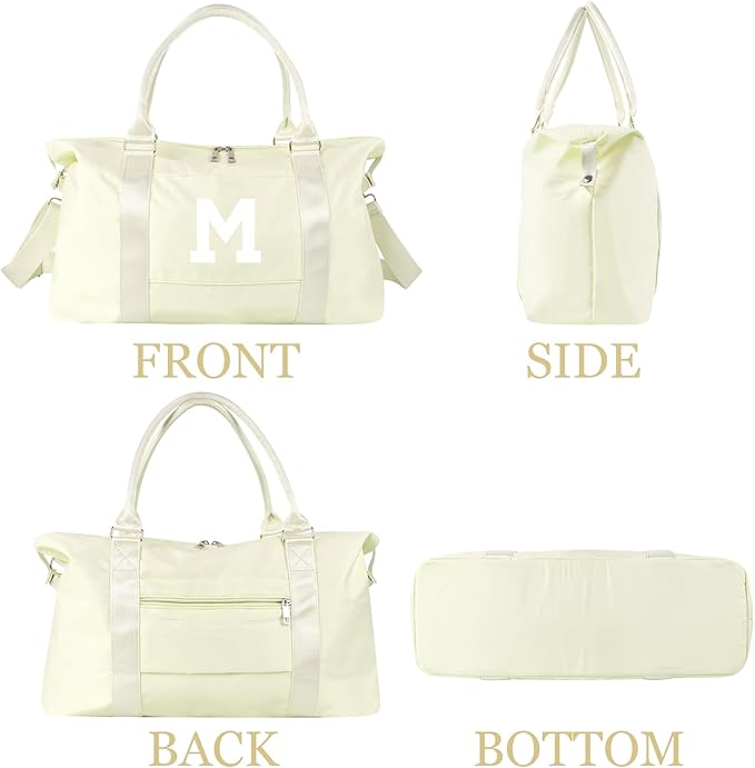 Initial Travel Duffel Bag Sports Gym Bag for Kids Teen Birthday Gifts,Beige Personalized Weekender Bag Carry On Dance Bags for Women Men,Waterproof Monogram Overnight Bag with Trolley Sleeve(Letter M)