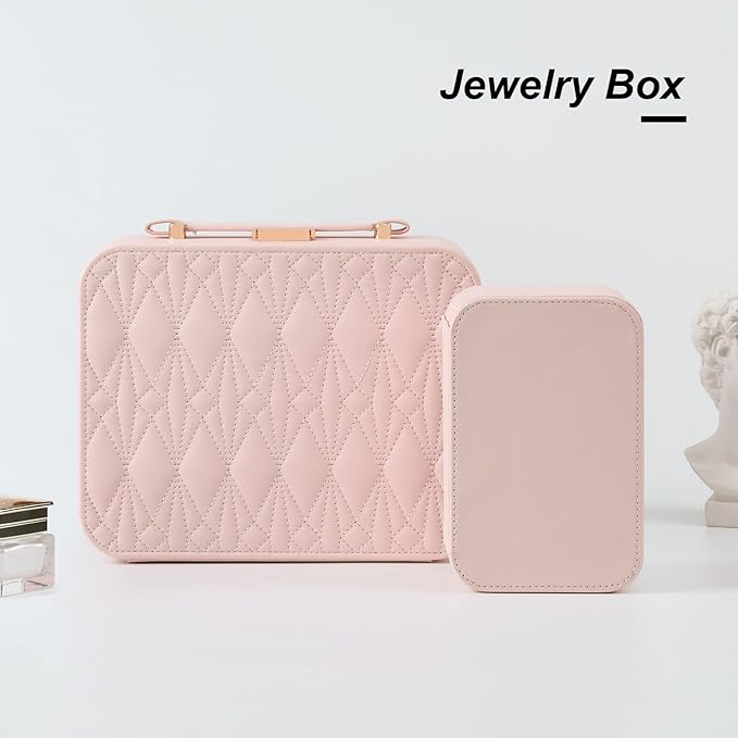 Large Jewelry Travel Organizer, Large Travel Jewelry Box with Removable Jewelry Tray, 2-Layer Jewelry Boxes for Women, Pink