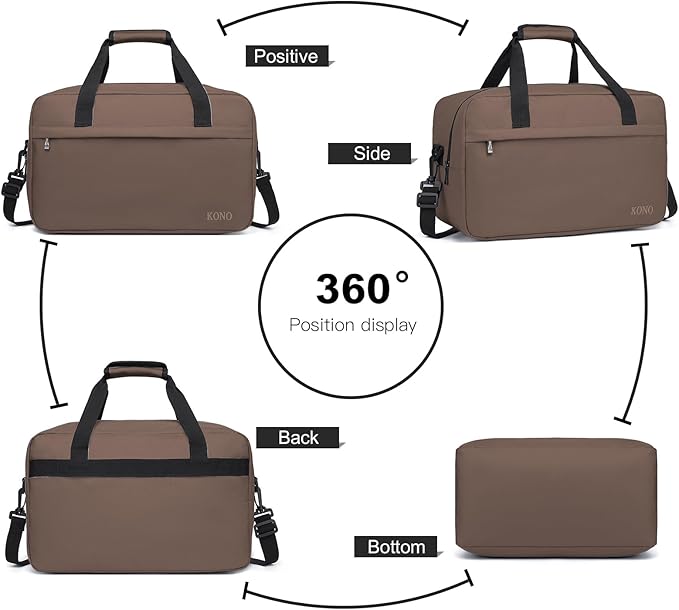 Kono Travel Duffel 20L Under Seat Carry-On Sports Tote Gym Weekender Overnight Bag - Brown, 15.75"x9.84"x7.87"