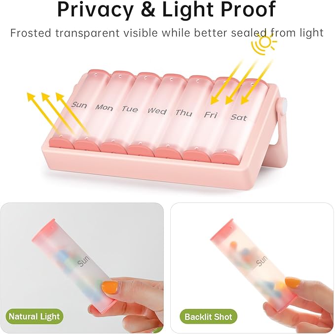 Weekly Pill Organizer 2 Times a Day, KOVIUU Large Travel Pill Box 7 Day, Am Pm Twice Daily Pill Case with Rotatable Handle, Pill Holder Container for Vitamin, Medicine, Supplement, Fish Oil, Pink