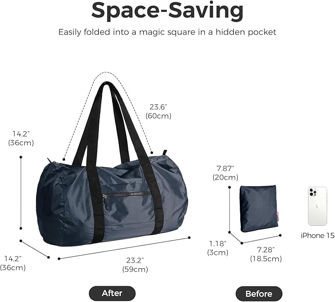 pack all 45L Foldable Duffel Bag, Water-Resistant Sports Gym Bag, Portable Weekender Bag Lightweight for Travel, Fitness and Camping (Navy Blue)