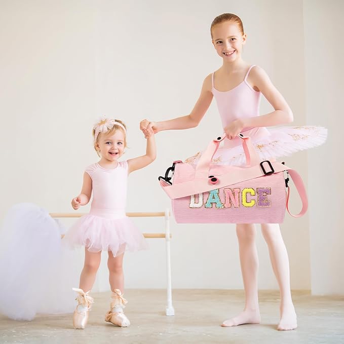 Dance Ballet Bag for Girls Sport Gym Duffle Bags Overnight Travel Bags Fun Dance Corduroy Chenille Letter Bag for Dancers (Pink)