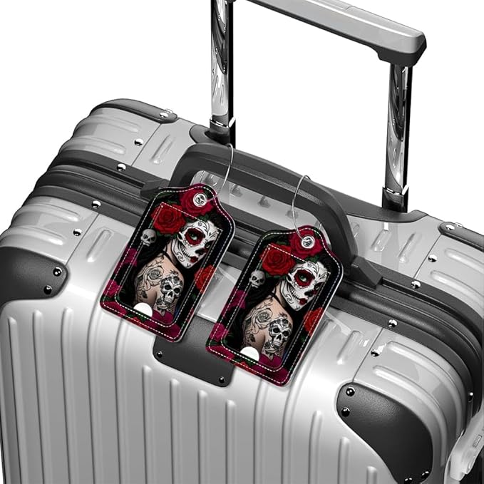 Funny PU Leather Luggage Tags 2-Pack Lady Rose Skull Cute Pattern Suitable for Suitcase Stainless Steel Loop and Address Card Essential for Cruise and Airport Travel for Men and Women