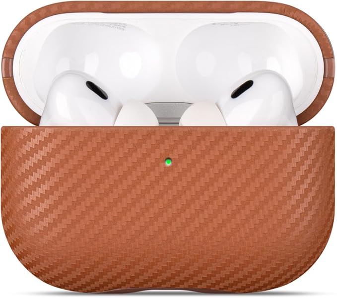 LOPIE Leather Case for AirPods Pro 2nd Generation - Handmade AirPods Pro 2 Case Cover - Made of Real Leather - Protective Hard Shell Cover - Carbon Fiber Style - Wireless Charging Compatible - Brown