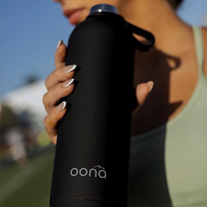 OONA Stainless Steel Water Bottle 25 oz, BPA-Free, Leak-Proof Insulated Water Bottle, Carrying Loop, Double Wall Vacuum Insulation, Keeps Drinks Hot or Cold for 12 Hours, Travel Friendly (Black)