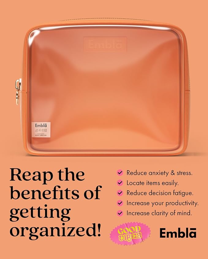 Embla London Makeup Bag Cosmetic Case, Clear Zipper Make Up Pouch and Toiletry Travel Tote, Cute Skincare Pouches for Women Girls, Preppy Purse Cosmetic Organizer, Large Makeup Bags, Peach