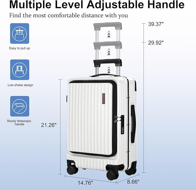 20 Inch Carry On Luggage Airline Approved, Aluminum Frame Top Opening Lightweight ABS+PC Hard Shell Suitcases with 360° Spinner Wheels, TSA Lock (White, 1 PC)