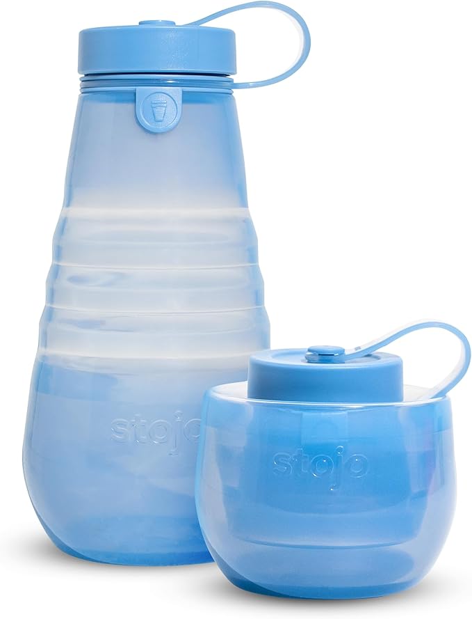 STOJO Collapsible Sports Water Bottle - Leak-Proof Reusable Silicone Travel Cup for Hot & Cold Drinks - Microwave & Dishwasher Safe - AS SEEN ON TODAY SHOW - Parent (Translucent Steel)